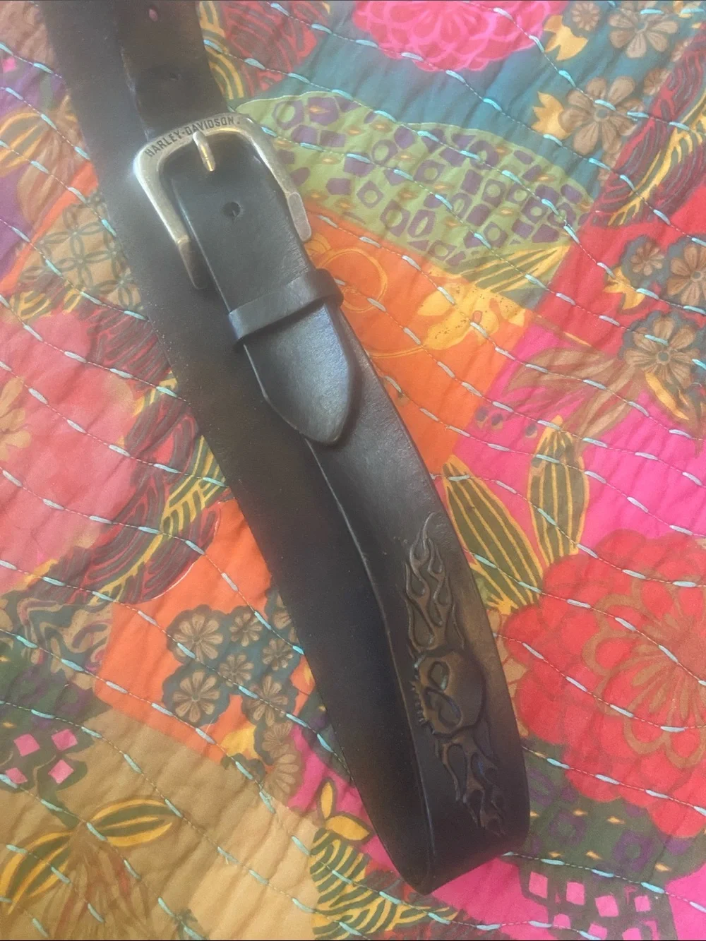 Harley-Davidson Black Leather Belt with Flaming Skull Embossed Detail 40w